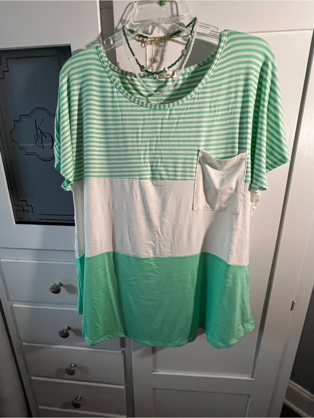 Luna- Striped Mint & White Colorblock Short Sleeve Pocket Tee - Picture 3 of 5